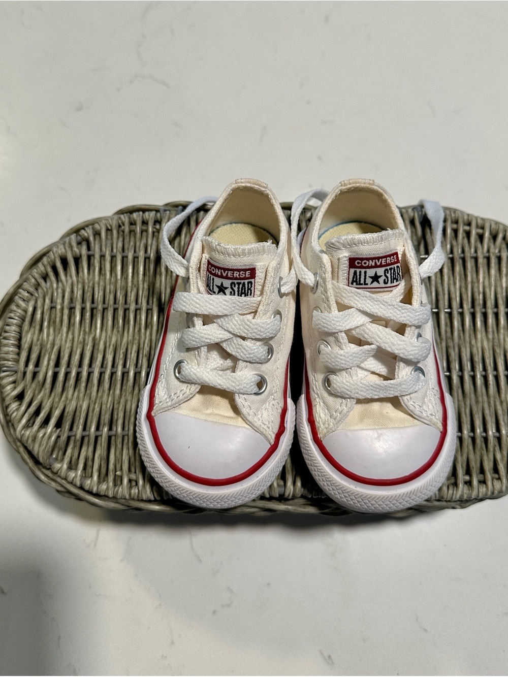 Converse Kids White Canvas All Star Sneakers with Red Trim